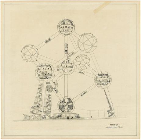 Expo 58 Atomium, interior of spheres and connecting escalators. André&Jean Polak – © ©CIVA Collections, Brussels Expo 58 Atomium, interior of spheres and connecting escalators. André&Jean Polak